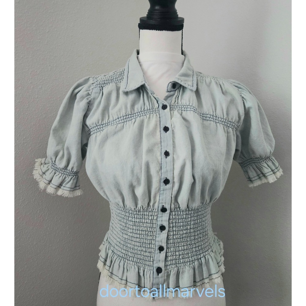 Pilcro Denim Smocked Prairie Blouse S Puff Sleeve Peplum Western Cottagecore